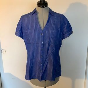 Blue pinstripe cap sleeve button up blouse M / L